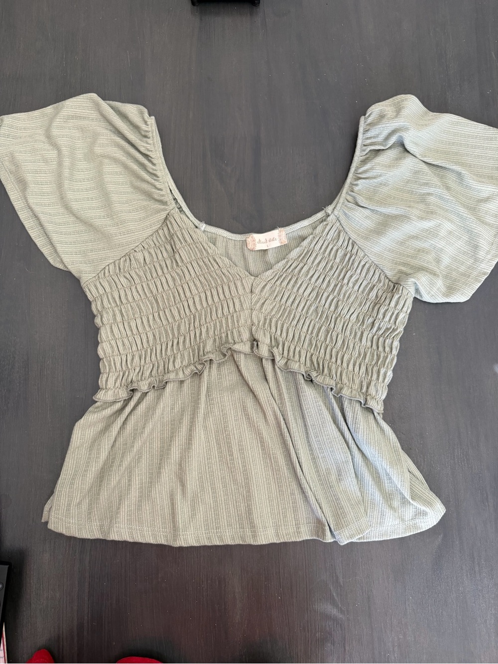 Altard State Sage Green Smocked Puff Sleeve Top L